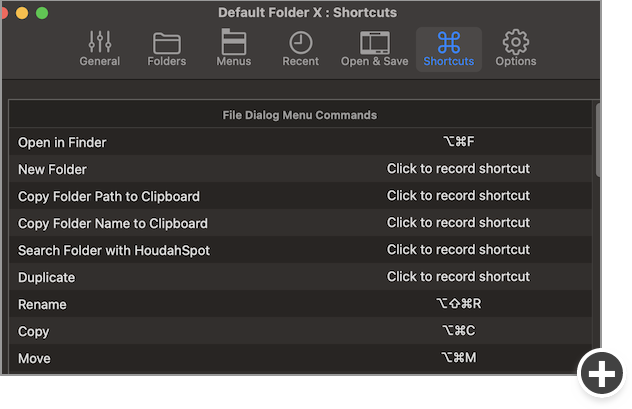Use keyboard shortcuts for any of Default Folder X's features.
